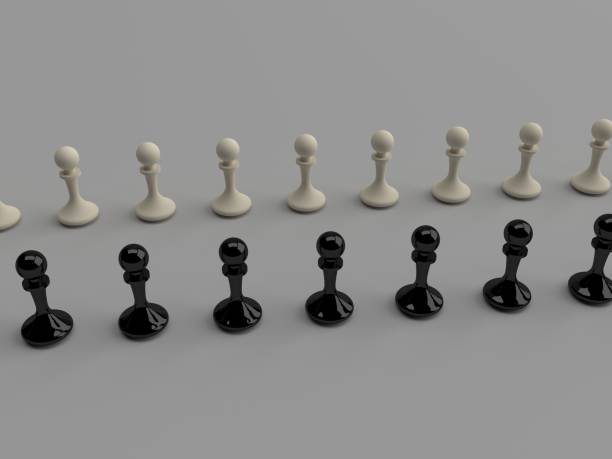 pedone degli scacchi in bianco e nero uno di fronte all'altro. isolato su sfondo bianco. foto stock 3d - chess positioning strategy individuality foto e immagini stock
