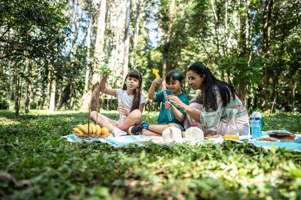 Family playing with bubble wand while doing a picnic at the park