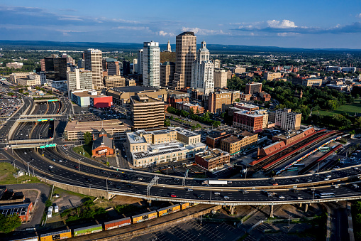 Drone shot of downtown Hartford