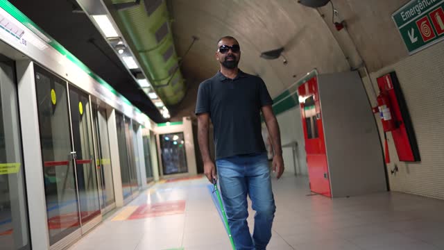 Blind man walking at a subway station