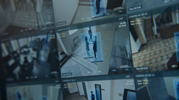 Screen showing footage of CCTV cameras with scanning system stock photo