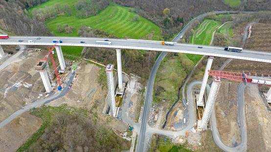 Construction site of a highway bridge. Aerial view