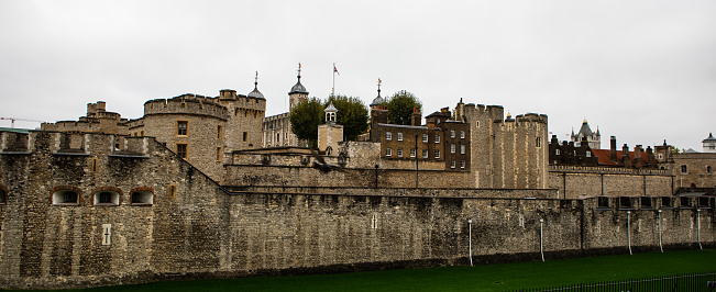 Daytime view of the Tower of London on the river Thames (England).