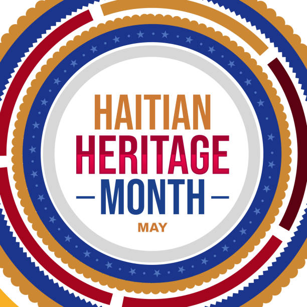 tło miesiąca dziedzictwa haiti z kolorowymi wzorami kół i typografią w centrum - haiti flag republic of haiti flag of haiti stock illustrations