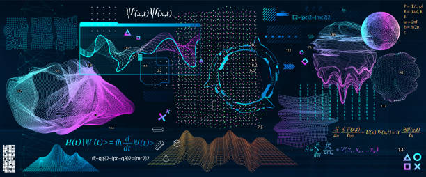 ilustrações, clipart, desenhos animados e ícones de mecânica quântica, fórmulas e elementos científicos no estilo futurista da ficção científica - ondulado descrição física