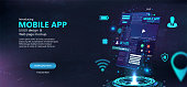 istock Mobile app development, phone hologram, wireframe toolkit - UI, UX, Kit 1483144643