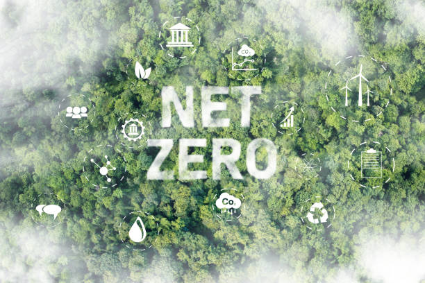 istock Net Zero 2050 Carbon Neutral, cloud of mist in the green Net Zero figure. 1483145301