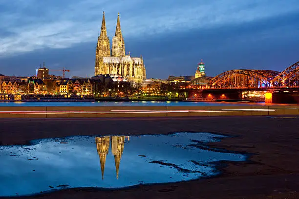 Cologne Cathedral at night. View from Deutz.