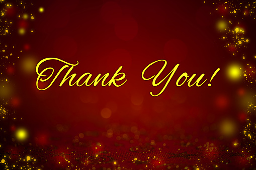 'Thank you!' written on a festive sparkling background with beautiful bokeh lights. Space for copy.