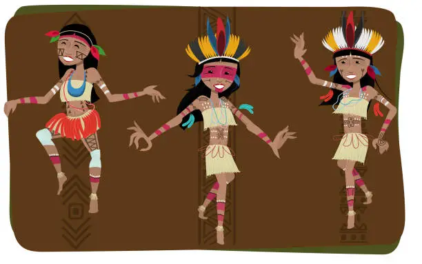 Vector illustration of Native American women from a tropical forest tribe dancing. Body painted. Celebration, ritual. indigenous women. indigenous art. America