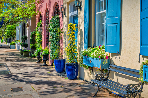 Rainbow Row, 18th century historic houses, in old town Charleston, South Carolina, USA on a sunny day.