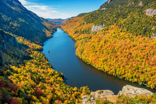 Lower Ausable Lake in the Adirondack Mountains, New York State, USA, on a sunny day during Fall colors.