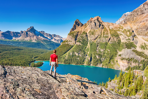 Hiker admires view at Lake O'Hara, Yoho National Park, Canadian Rockies, BC, Canada.