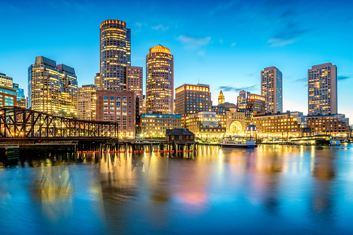 Downtown Boston skyline, Massachusetts, USA at twilight blue hour.