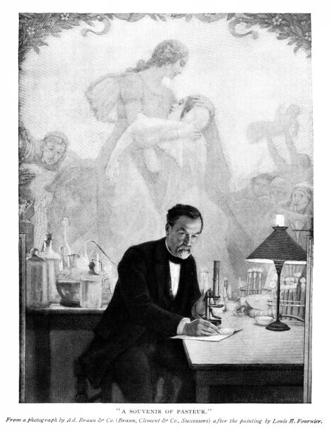Louis Pasteur Portrait, French Chemist and Microbiologist Portrait of Louis Pasteur (December 27, 1822- September 28, 1895) in his laboratory. The engraving, published 1897, of is of a painting "Souvenir of Pasteur" by Artist Louis Fournier. Original engraving is from my own archives. Copyright has expired and is in Public Domain. pasteur institute stock illustrations