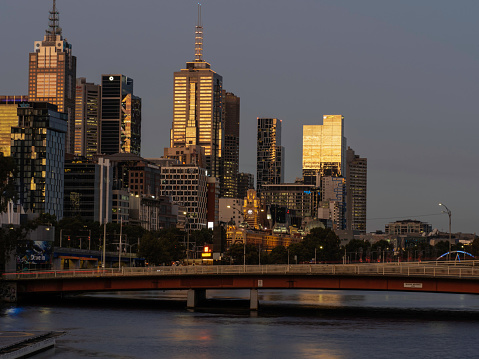 Melbourne skyline and Yarra River during golden hour