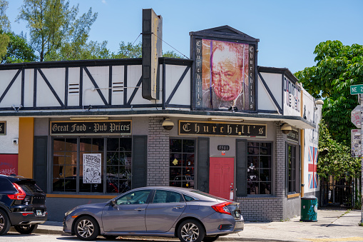 Little Haiti Miami, FL, USA - April 18, 2023: Photo of Churchills Pub in Little Haiti