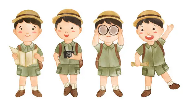 Vector illustration of Collection of Boy scout with hiking suit . Realistic watercolor paint with paper textured . Cartoon character design . Vector .