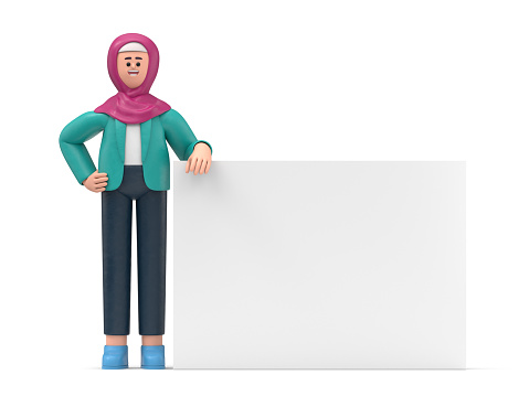 3D illustration of a smiling Arab women Ghaliyah stands with his body leaning against white blank board. Portraits of cartoon characters stands with his body leaning against the display board and one arm resting on the board, Advertising board, 3D rendering on white background.