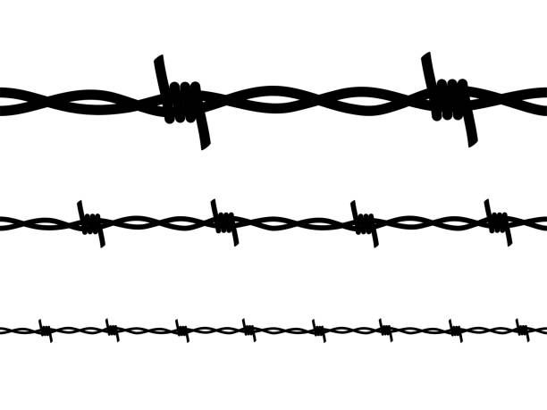 미늘과 스파이크가 있는 철사의 검은색 실루엣이 벡터 일러스트레이션을 설정합니다. 감옥 울타리, 강철 테두리 및 흰색으로 격리 된 날카로운 모서리 브러시가있는 꼬인 체인의 군사 장벽을위 - war crimes stock illustrations