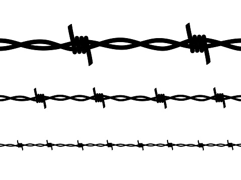 Black siluettes of wire with barbs and spikes set vector illustration. Barbwire for prison fence, steel border and military barrier from twisted chain with sharp edges brushes isolated on white.