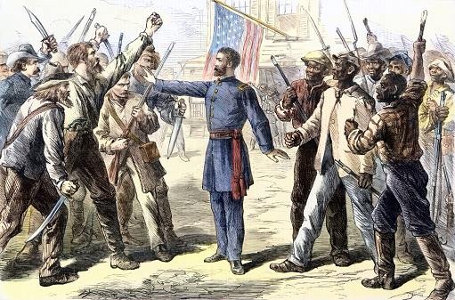 Image depicts a US Army officer, representing the Freedmen's Bureau, standing between a group of whites and a group of freedmen. The Freedmen's Bureau was created by Congress in 1865 to assist former Black slaves and poor whites in the South after the Civil War. It provided aid such as food, housing, medical care, and education, as well as legal help and land settlement. The bureau essentially became one of America's first social welfare programs. However, due to limited resources and political obstacles related to race and Reconstruction, the bureau was not able to fully carry out its programs.