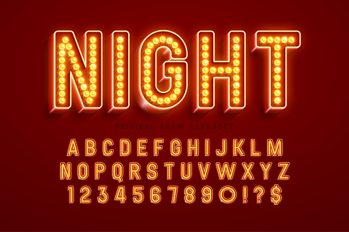 Retro cinema alphabet design, cabaret, LED lamps letters and numbers. Original design