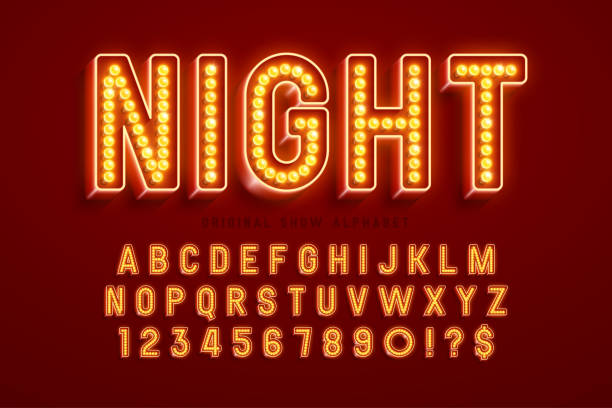 Retro cinema alphabet design, cabaret, LED lamps letters and numbers. Retro cinema alphabet design, cabaret, LED lamps letters and numbers. Original design burlesque stock illustrations