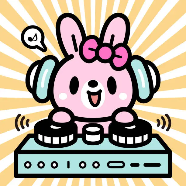 Vector illustration of Cute character design of a bunny wearing headphones and playing on turntables