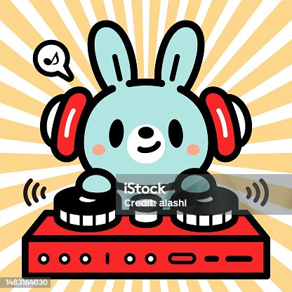 istock Cute character design of a bunny wearing headphones and playing on turntables 1483164030