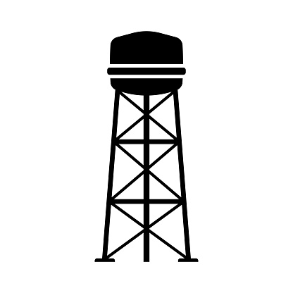 Water tower icon. Black silhouette. Vertical front side view. Vector simple flat graphic illustration. Isolated object on a white background. Isolate.