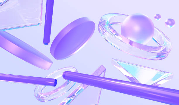 istock 3D background with abstract geometric shapes. Iridescent crystal rings, triangles, holographic cylinders, tubes and spheres, flying glass futuristic planet, design elements, pattern 1483172235