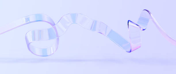 istock Glass ribbon swirl wave line isolated on blue background 3d render. Iridescent transparent geometric shape with holographic gradient texture, flying curved liquid form, design element 1483172238