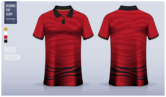 Polo shirt mockup template design for soccer jersey, football kit or sportswear. Sport uniform in front view and back view. T-shirt mockup for sport club. Fabric pattern. Vector Illustration.