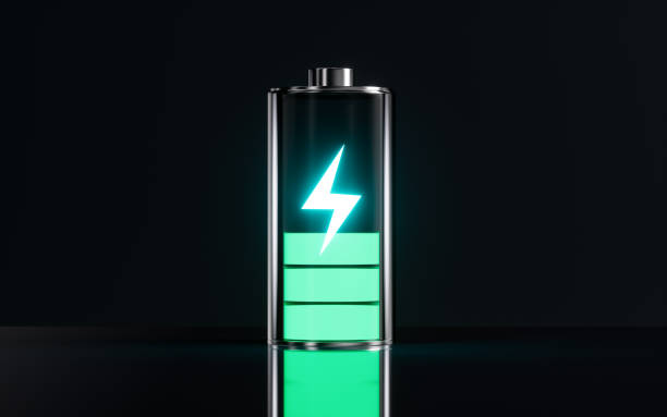 istock Battery with half energy and neon charge chart, 3d rendering. 1483175279