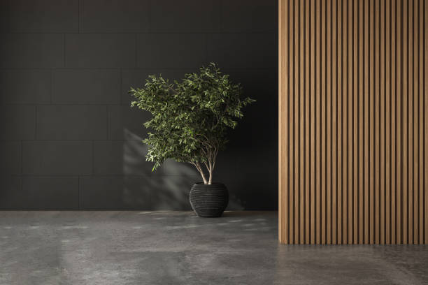 istock Empty room with concrete floor, wood and wall background, plant, lamp, sun rays, front view, space for mock up. 3d Rendering 1483175362