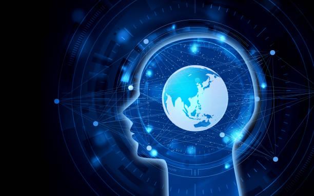 blue earth and artificial intelligence, humanoid brain. illustration image background material that digital ai processes and learns big data from all over the world - chat gpt stock illustrations