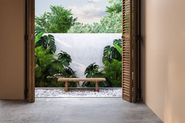 istock A comfortable seating area among the pebbles in the backyard, surrounded by plants and trees hidden behind the wall. The sunny sahbah adds a cozy touch to the space. 3d Rendering 1483177127