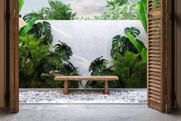 istock A comfortable seating area among the pebbles in the backyard, surrounded by plants and trees hidden behind the wall. The sunny sahbah adds a cozy touch to the space. 3d Rendering 1483177198