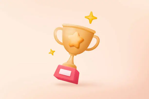 Vector illustration of 3d winners prize with golden cup, gold winners stars for rewards ceremony. Award ceremony first and second and third concept on podium. 3d trophy icon vector render isolated on pastel background