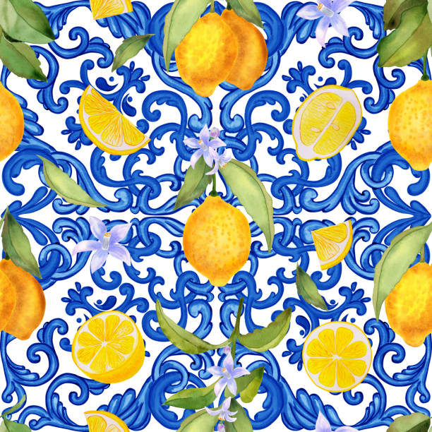 地中海のシームレスなパターン。無限の背景に青いマジョリカタイルと黄色のレモン。布地と壁紙用のシチリアの伝統的なプリント。青いアズレージョ。 - majolica点のイラスト素材／クリップアート素材／マンガ素材／アイコン素材