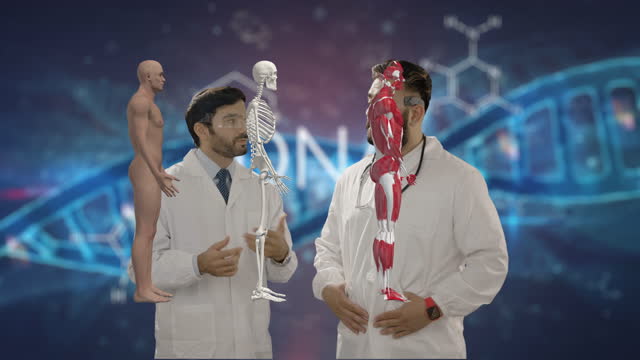 Futuristic Doctors with diverse scientists. Holographic studdied three dimensional human dody anatomy skeleton and DNA helix in background on futuristic HUD technology concept