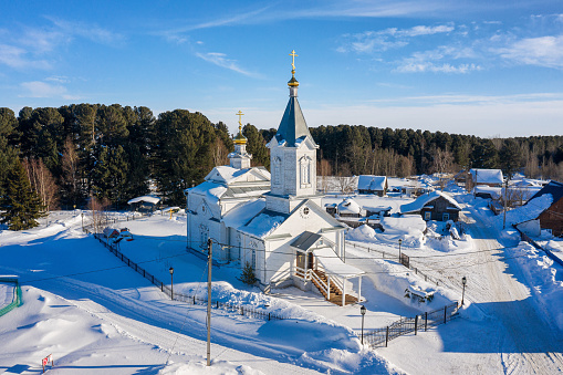Western Siberia, Khanty-Mansi Autonomous Okrug, Tundrino village, church of Panteleimon the Healer. Aerial view.