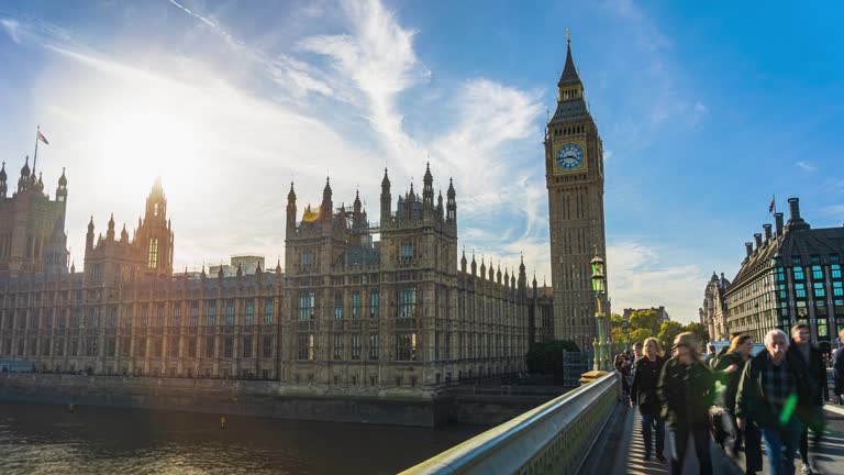 Time lapse of Crowd pedestrian and tourist walking and sightseeing in Big Ben with House of Parliament and Westminster Bridge of London United Kingdom