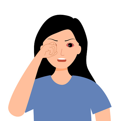 Woman with eye pain in flat design. Sore eye concept vector illustration.