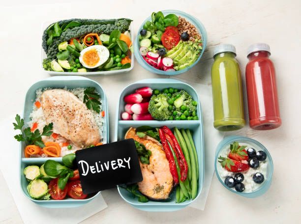 istock Different types healthy meals in containers, Takeout food menu, top view, copy space 1483184572