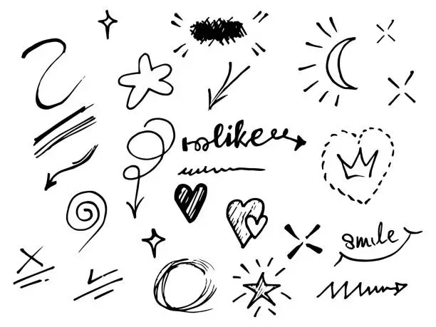 Vector illustration of Vector hand drawn collection of design element. curly swishes, swoops, swirl, arrow, heart, love, crown, leaf, star, sun burst, firework, highlight text and emphasis element