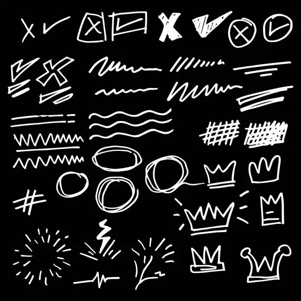 Vector illustration of Vector hand drawn collection of design element. curly swishes, swoops, swirl, arrow, heart, love, crown, leaf, star