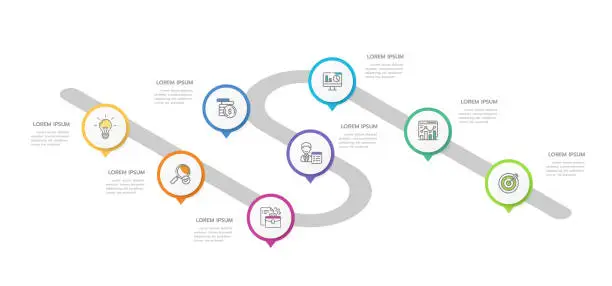 Vector illustration of Infographic 8 Steps Modern Timeline diagram roadmap with circle topics, vector infographic.