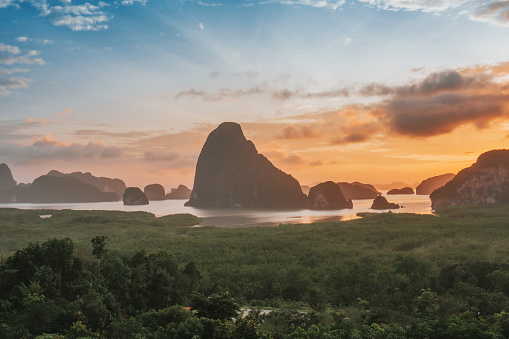Limestone landscape in Phang Nga bay at sunrise Unseen location of 